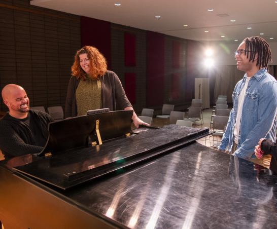 Master of Music students and faculty rehearse in the Recital Hall.